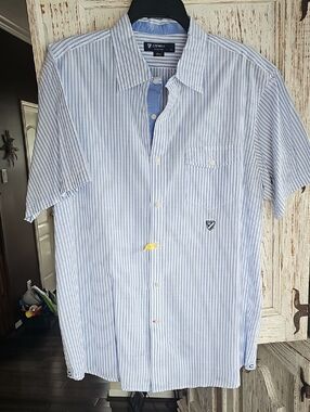 Daniel Cremieux Blue and White Striped Short-Sleeve Button-Down - MEN'S LARGE